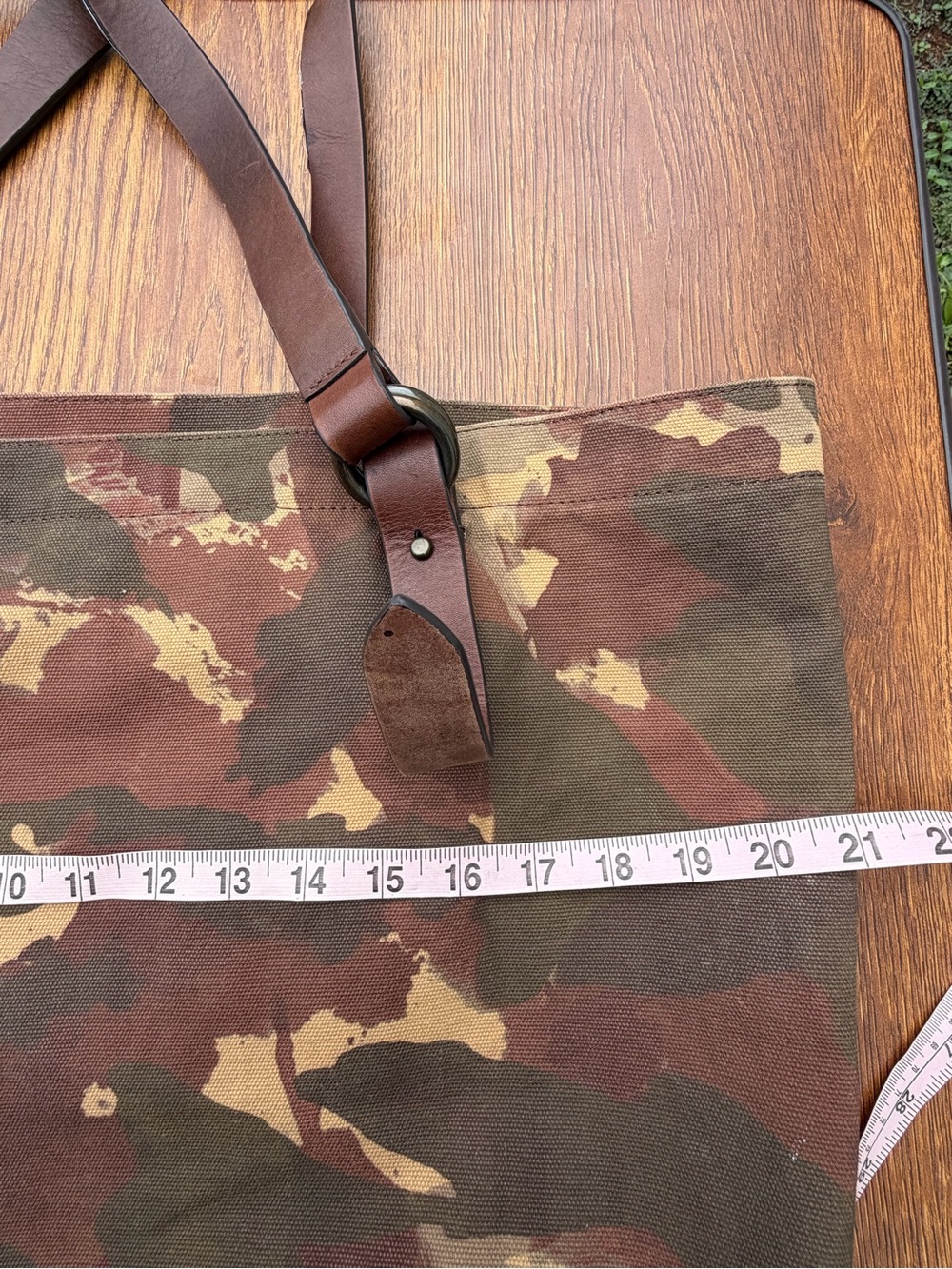 Frye Camo Canvas Leather Tote Bag Large Shoulder Shopper Brown Green - Picture 6 of 16